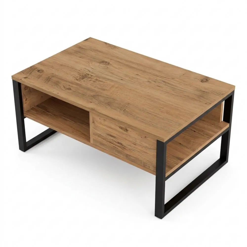 Mesa de Centro Rectangular con Compartimentos para Sala de Estar Estructura Estable 100 x 60 x 45 cm - Efecto Roble Rústico