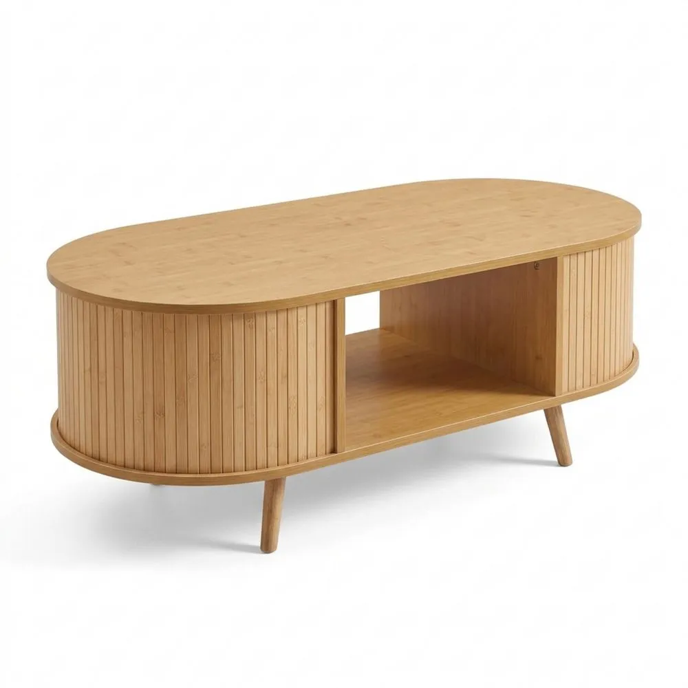 Mesa de Centro Ovalada con Puertas Correderas y Compartimentos de Bambú