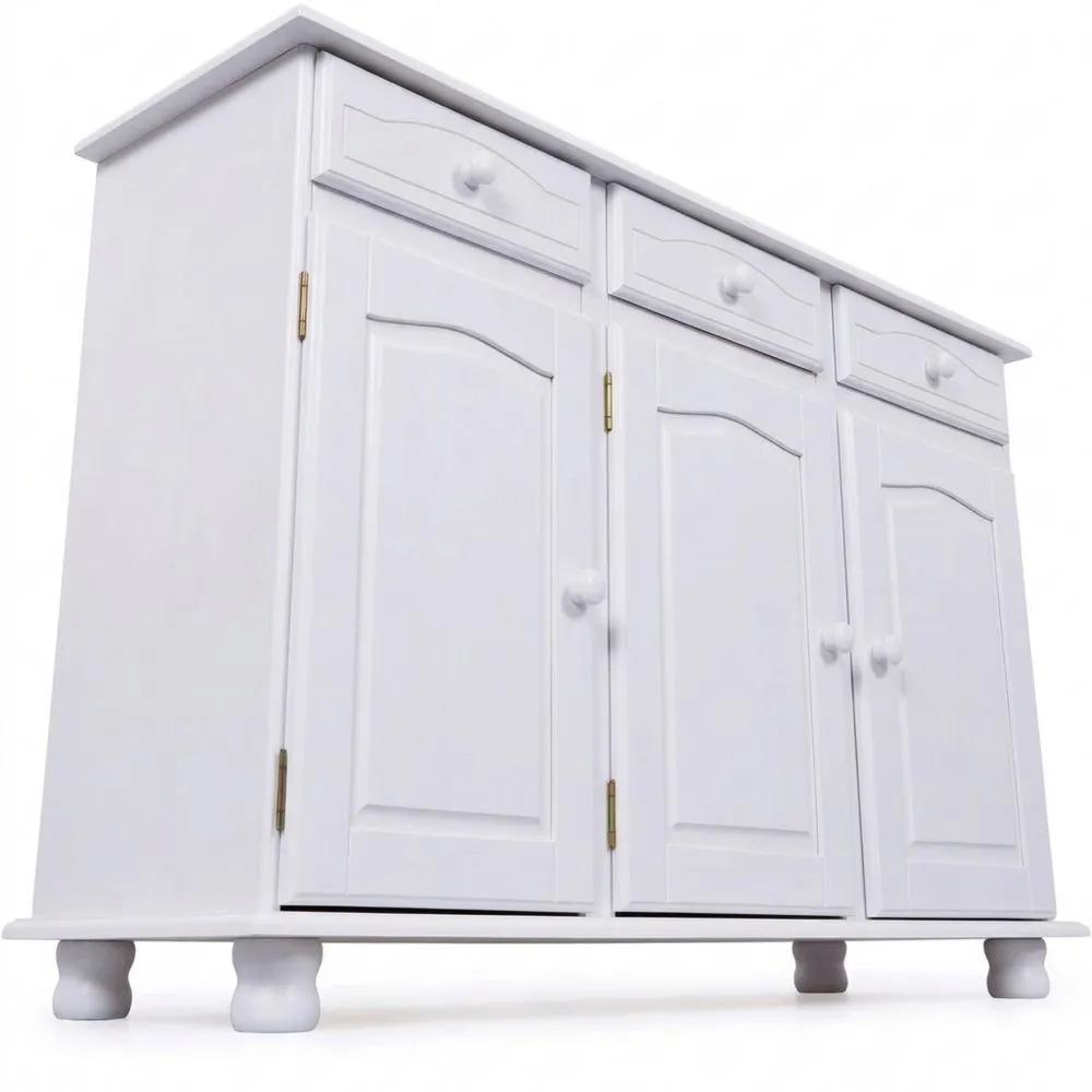 Aparador de Madera Maciza con 3 Puertas y 3 Cajones en Blanco