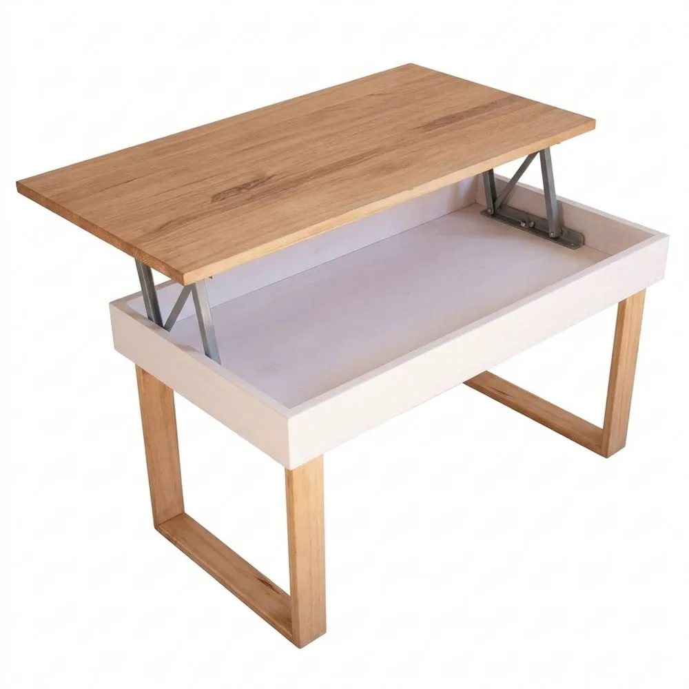 Mesa de Centro Elevable en Madera de Pino Natural y Patas de Madera – Blanco y Madera – Estilo Nórdico – Medidas 100 x 50 x 48 cm