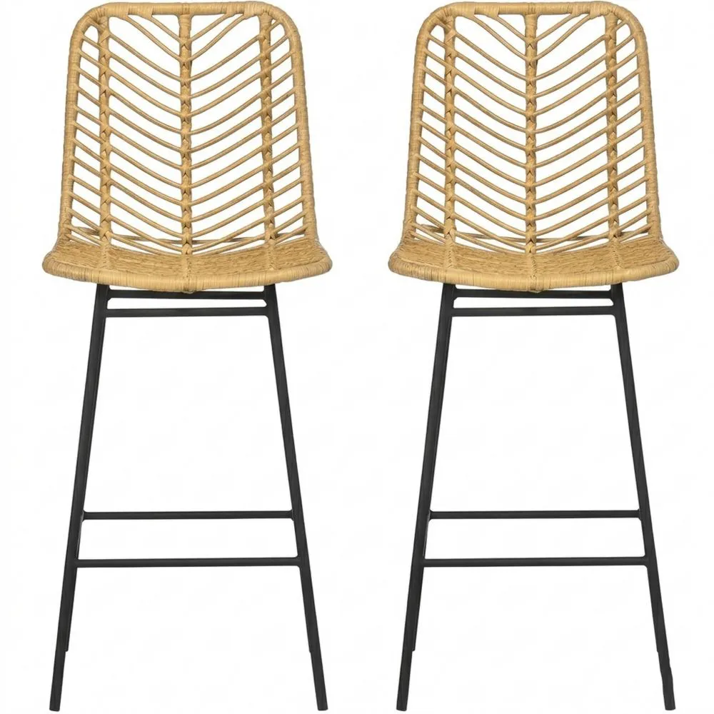 Juego de 2 Taburetes Altos Modernos con Asiento de Ratán Sintético y Patas de Acero, Carga 120 kg, para Comedor y Sala de Estar