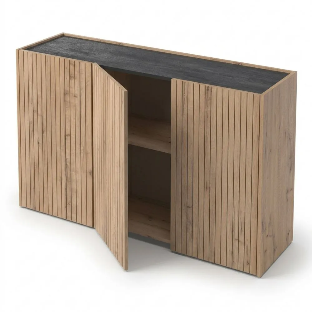 Aparador de Comedor, Mueble Auxiliar, 3 Puertas, Roble Negro y Dorado, Moderna