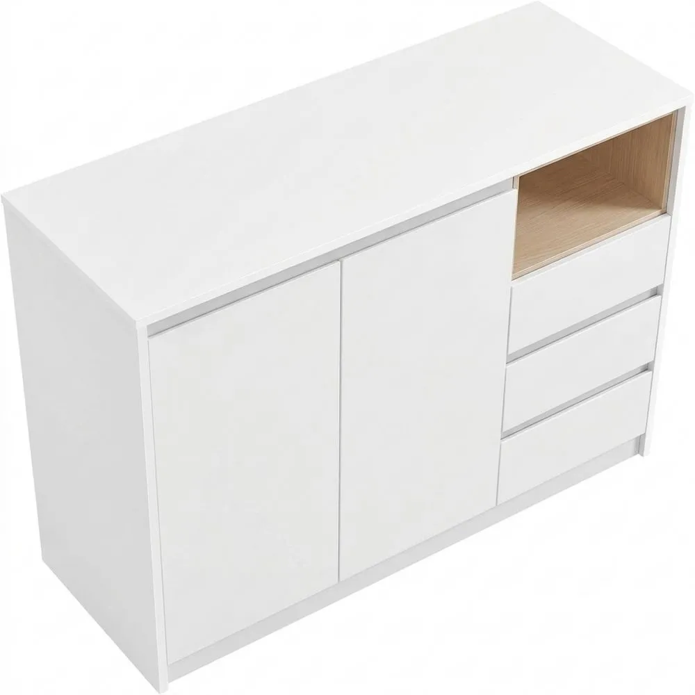 Aparador con Puerta y Estante Ajustable, 3 Cajones, 40 x 103.5 x 74.5 cm, para Sala, Comedor, Oficina, Blanco Nube
