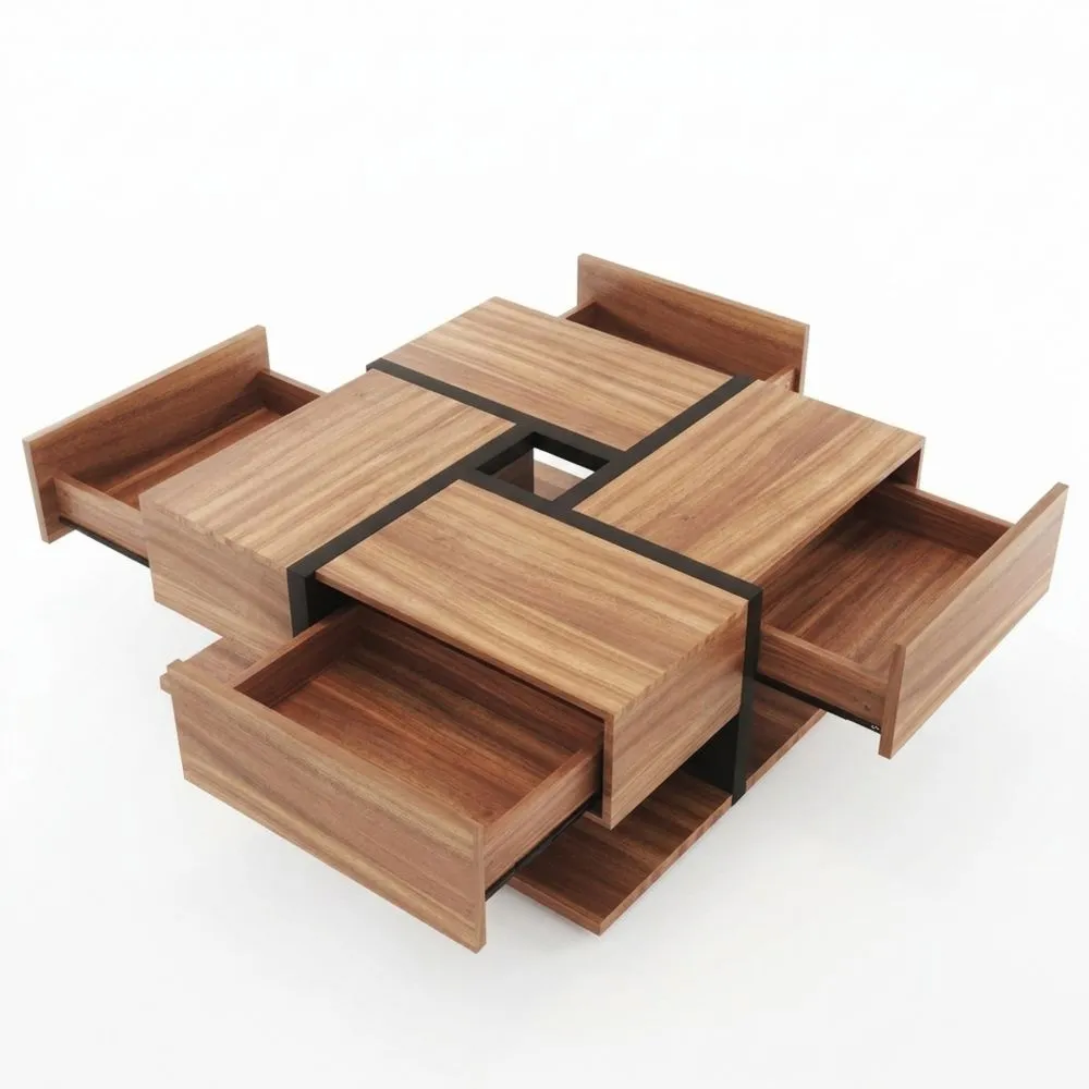 Mesa de Centro y Mesas Auxiliares con 4 Cajones, Diseño de Líneas, Almacenamiento Inferior, para Salón (Negro + Madera)