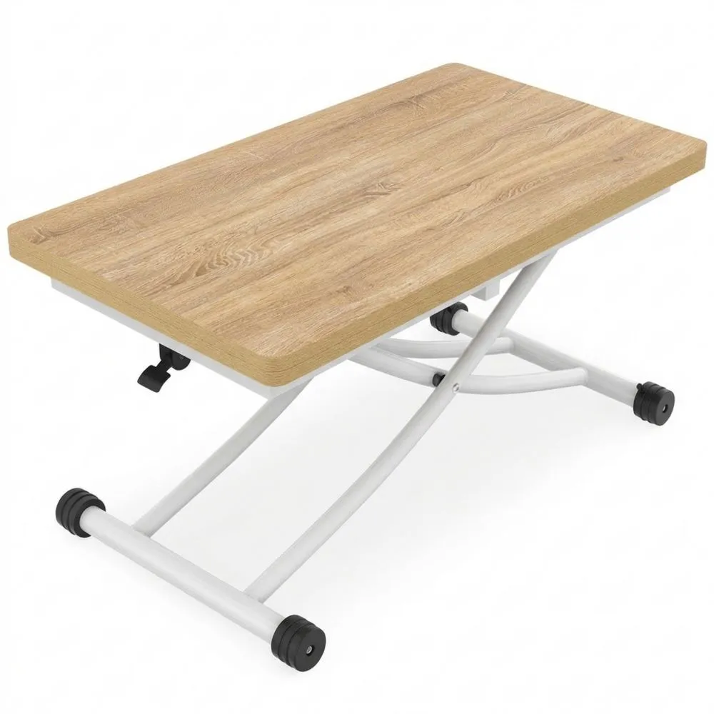 Mesa de centro extensible rectangular urbana, tapa de haya y patas blancas