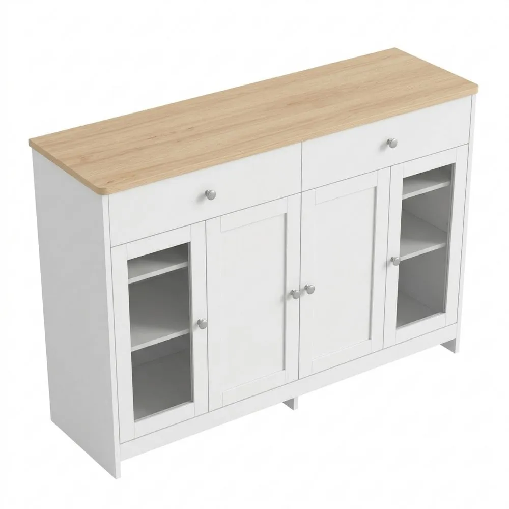 Aparador Blanco con Puertas de Vidrio y Cajones para Salón y Comedor