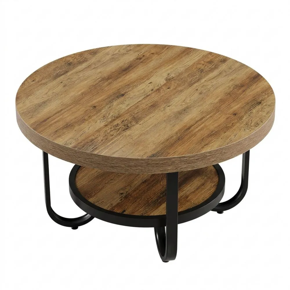 Mesa Redonda de Dos Niveles con Estante de Almacenamiento para Salón