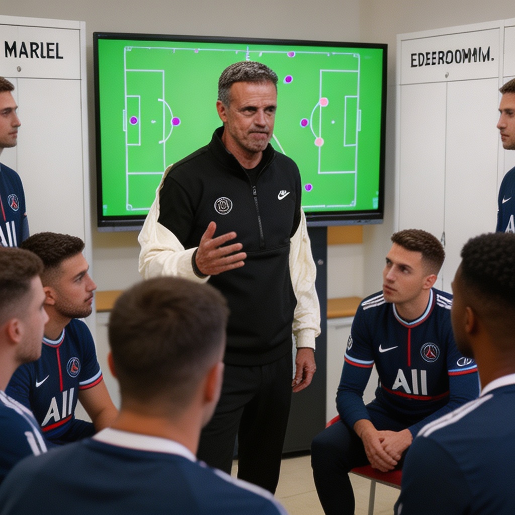 Luis Enrique PSG coach giving tactics talk in dressing room