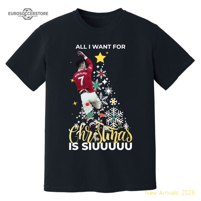 Man Utd Cristiano Ronaldo Christmas Football T-Shirt (Black)-Jersey Chest: 2026 World Cup Soccer Kits