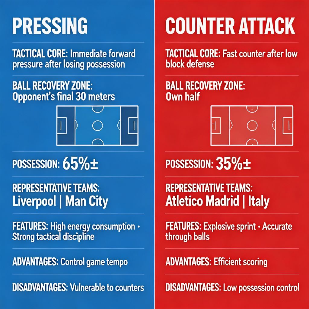 Modern football tactical trends pressing vs counter attack infographic
