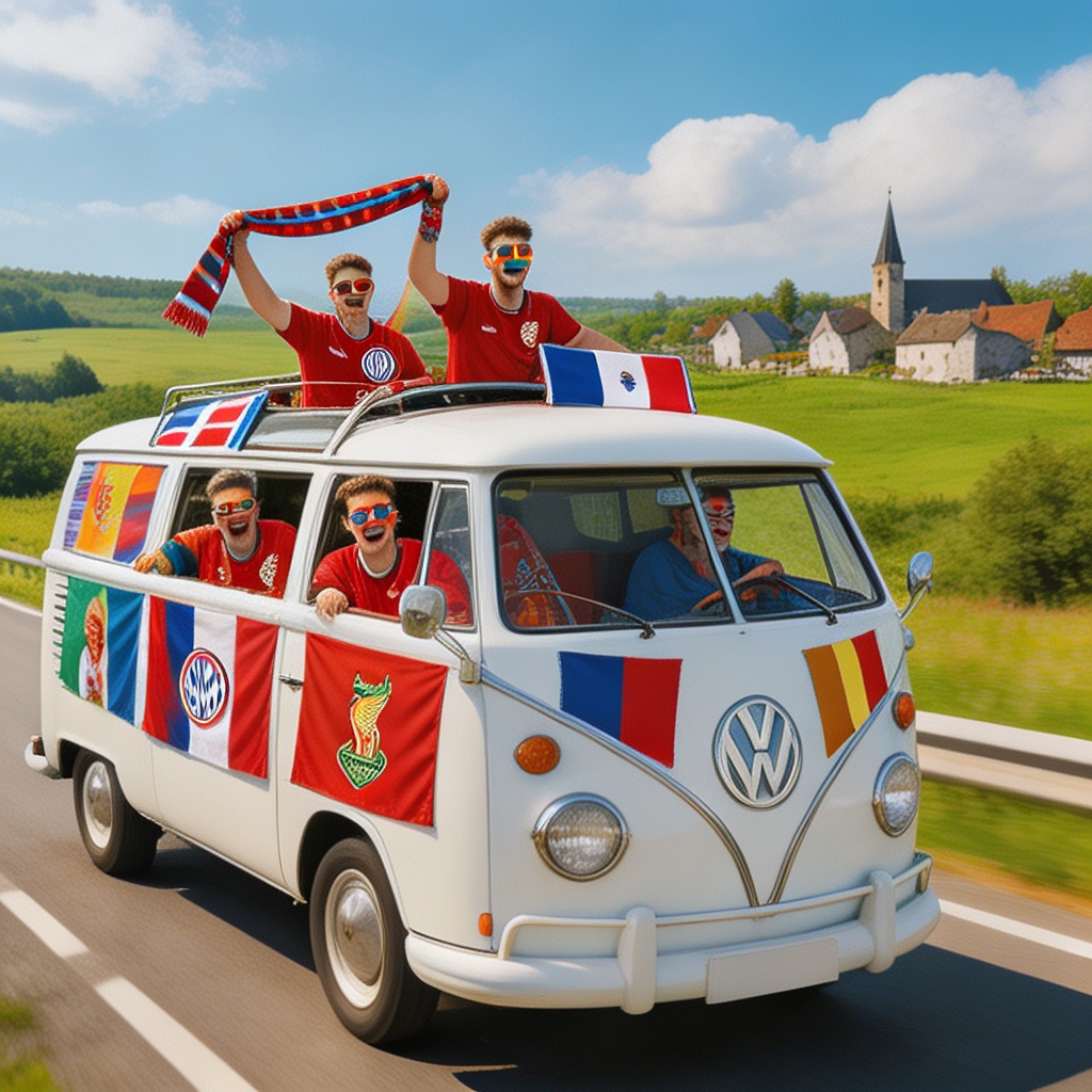 Football fans road trip car with team flags across Europe