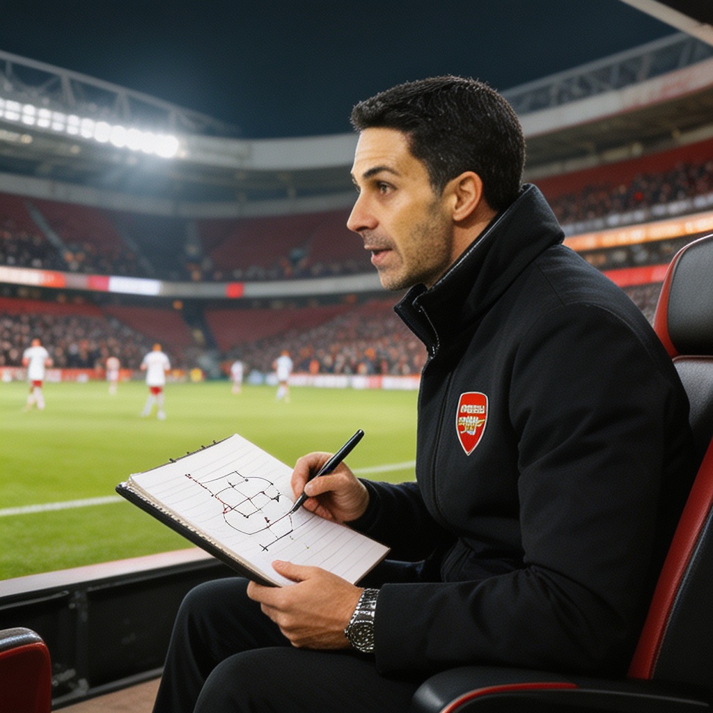 Mikel Arteta Arsenal coach watching match with tactical notes