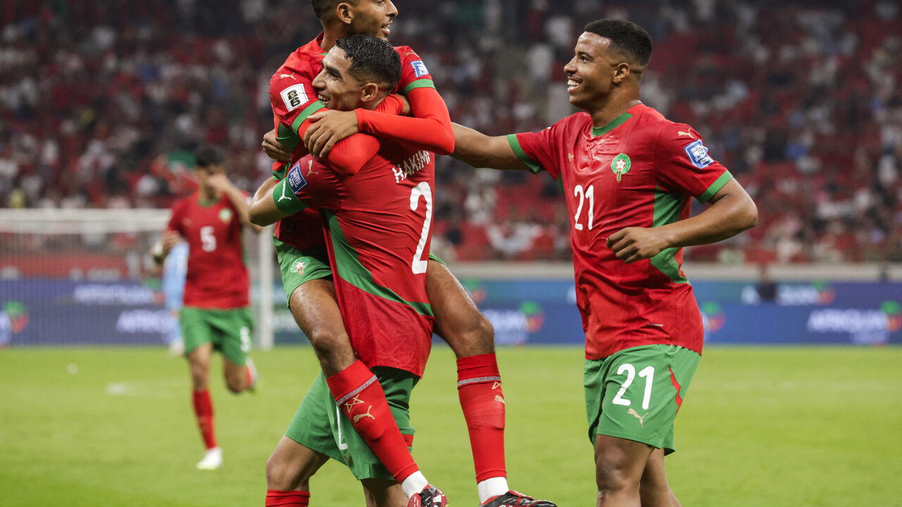 Morocco national team players celebrate goal at World Cup 2026