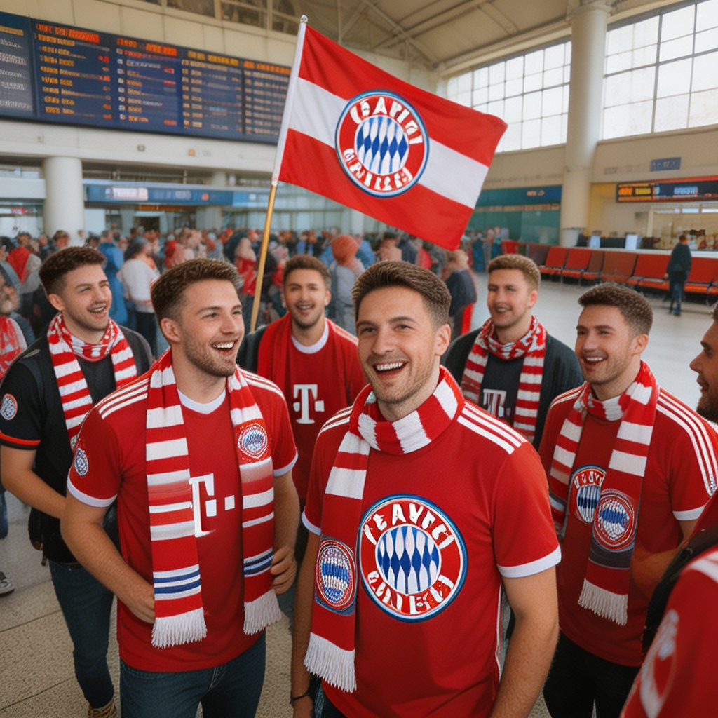 Bayern Munich fans traveling at train station with team scarves