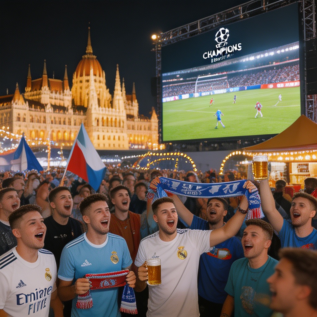 Champions League final fan zone in Budapest fans watching match together