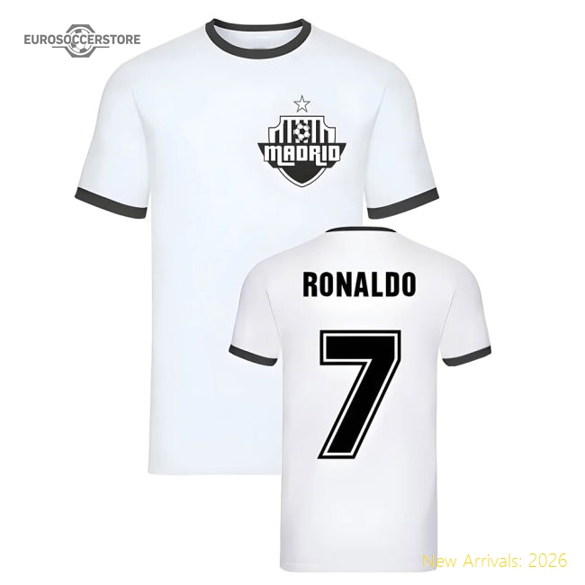 Real Madrid Cristiano Ronaldo Madrid Ringer Tee (White)-Jersey Chest: 2026 World Cup Soccer Kits