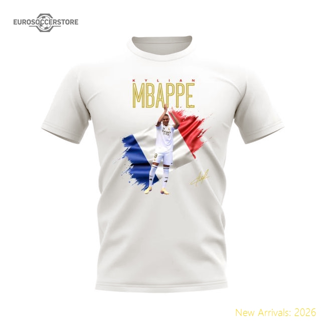 Real Madrid Kylian Mbappe Real Madrid Flag T-Shirt (White)-Jersey Chest: 2026 World Cup Soccer Kits