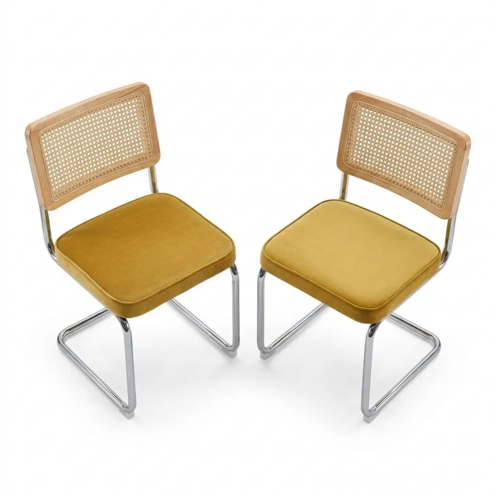Sillas de Comedor Modernas de Ratán Tejido, Estructura en Acero Cromado, Asiento de Terciopelo, Juego de 2, Amarillo