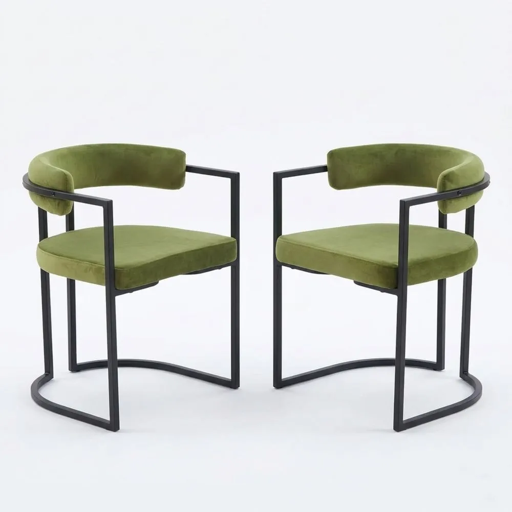 Sillas de comedor de terciopelo con reposabrazos y patas de metal, set de 2, para salón moderno y cocina, color verde