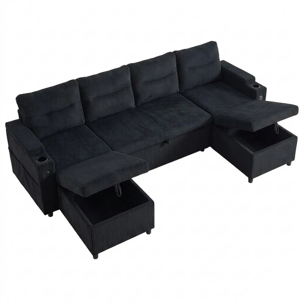 Sofá cama en forma de U con chaise longue, terciopelo, espacio de almacenamiento, soporte para bebidas, puertos USB, 272 x 136 x 86 cm