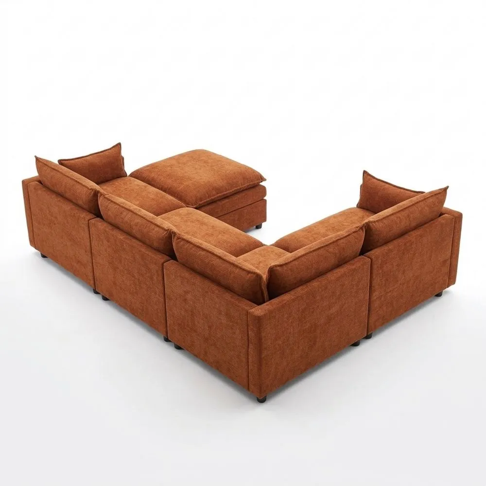 Sofá rinconera con función de descanso de 4 plazas en chenilla naranja