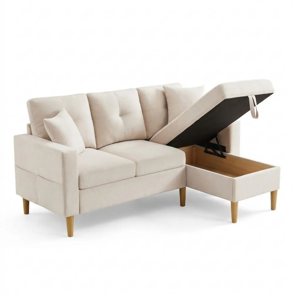 Sofá Cama Chaise Longue de 3 Plazas con Almacenamiento y Portavasos