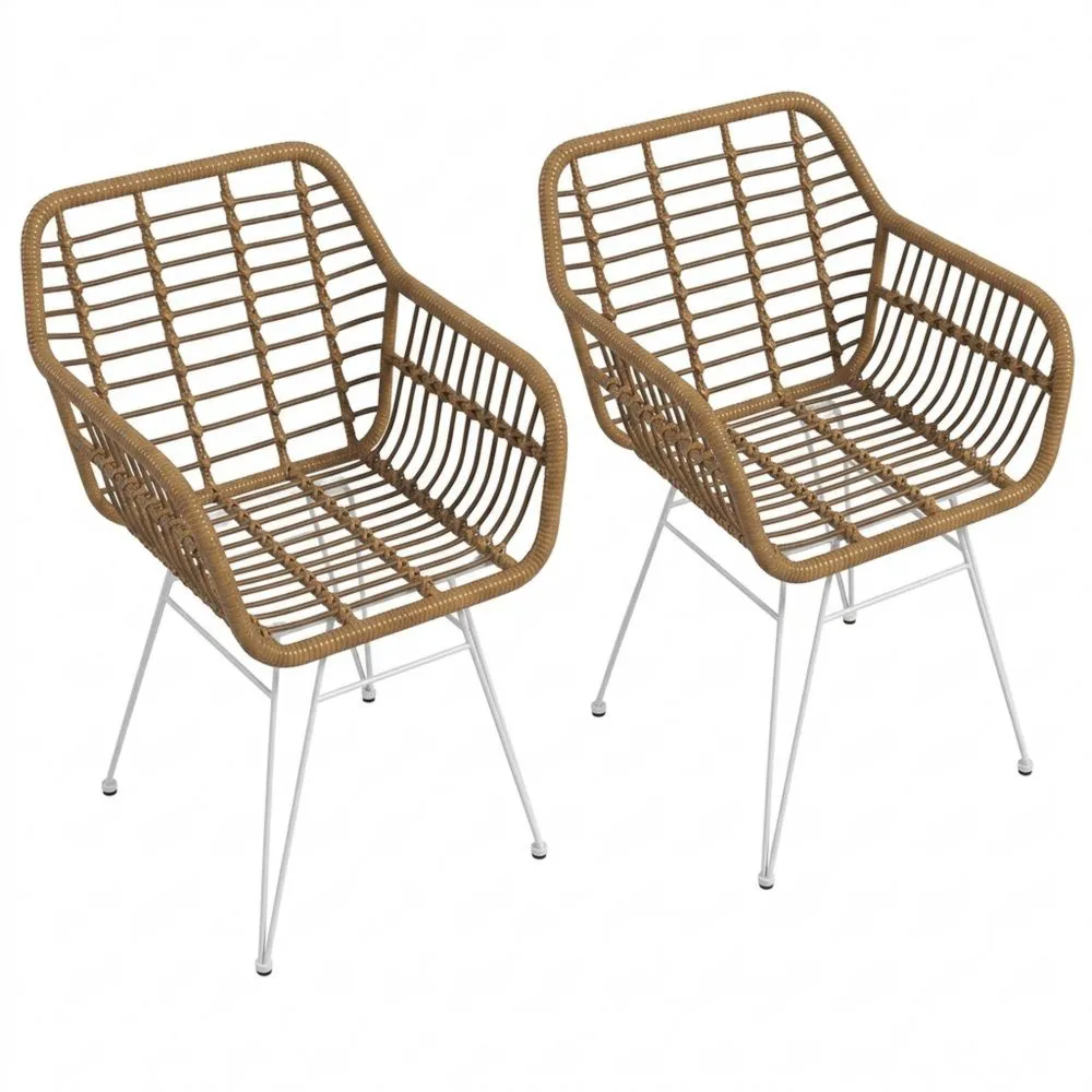 Juego de 2 Sillas de Comedor de Ratán PE con Patas de Acero para Sala y Balcón Estilo Bohemio Carga 120 kg Marrón