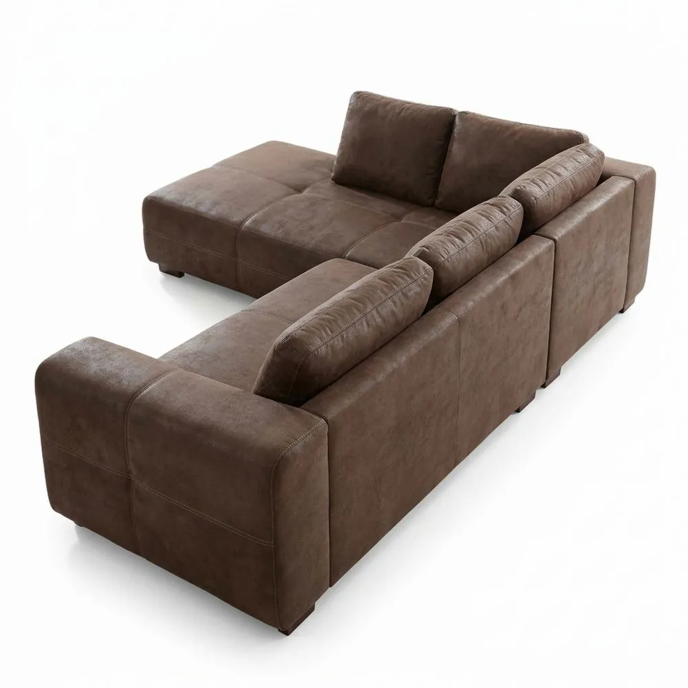 Sofá Esquinero Tapizado con Cojín y Piel Sintética, Patas de Madera y Chaise Longue