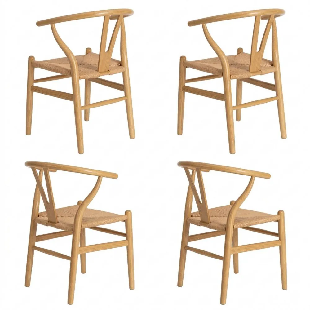 Pack de 4 sillas de comedor de madera de olmo color natural con asiento de cuerda de fibra