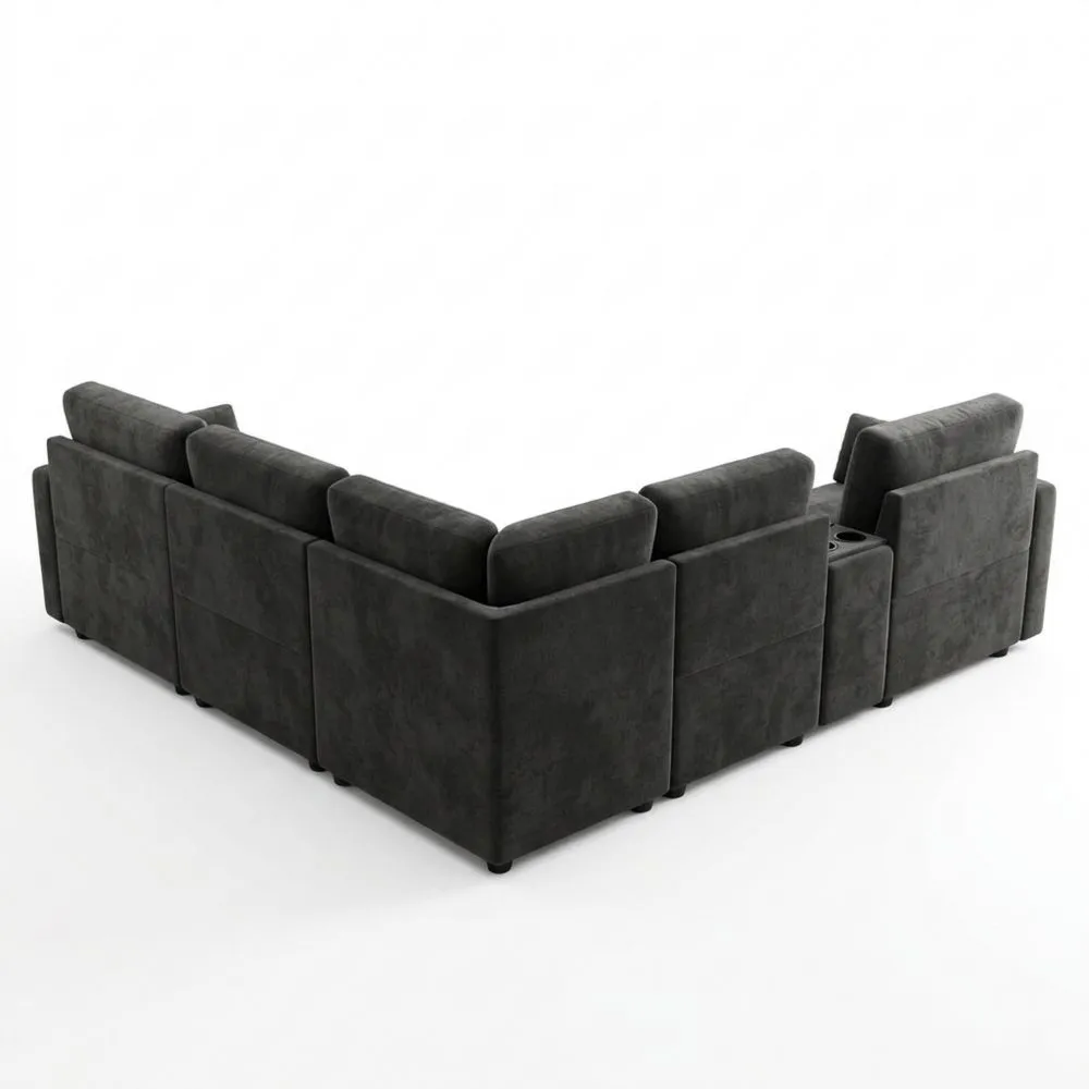 Sofá esquinero modular en L de cinco plazas con consola central reversible, compartimento, puertos USB y portavasos