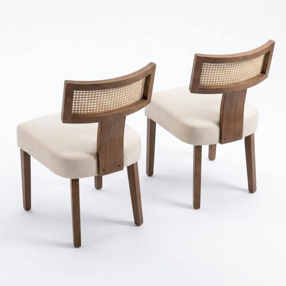 Sillas de Comedor Tapizadas en Lino con Respaldo de Ratán, Conjunto de 2