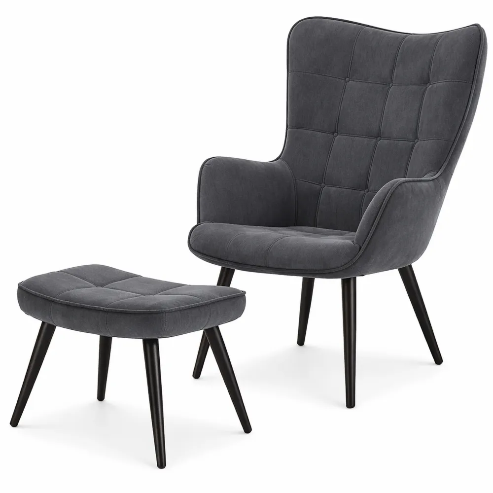 Poltrona Imbottita con Poggiapiedi in Velluto per Camera da Letto e Salotto, Grigio Scuro