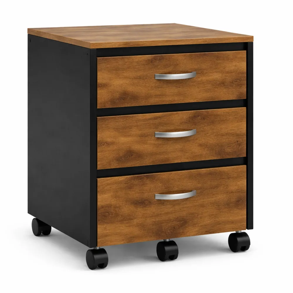 Cassettiera da Ufficio a 3 Cassetti con Ruote in Legno Rovere Vintage e Nero