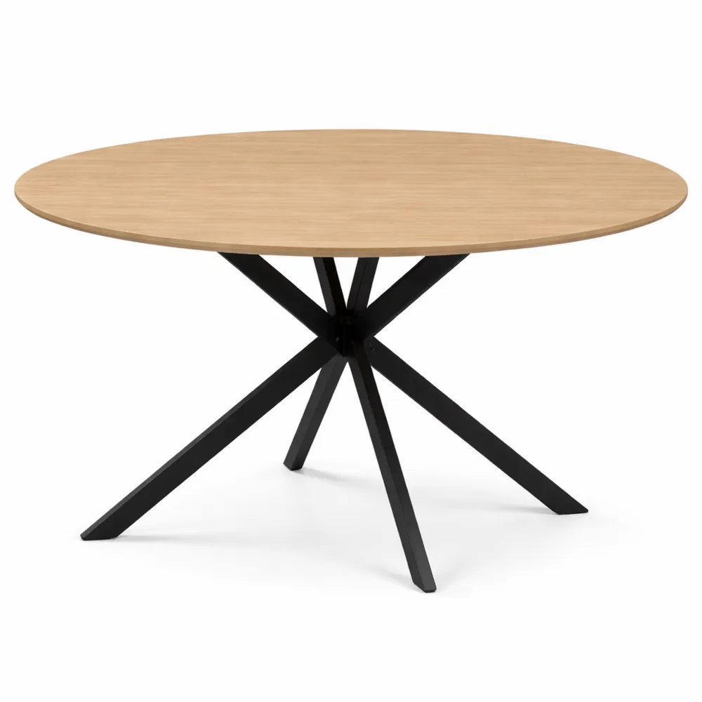 Tavolo da pranzo rotondo industriale per 4 persone con gambe in acciaio e piano in legno, 120x75 cm, colore rovere