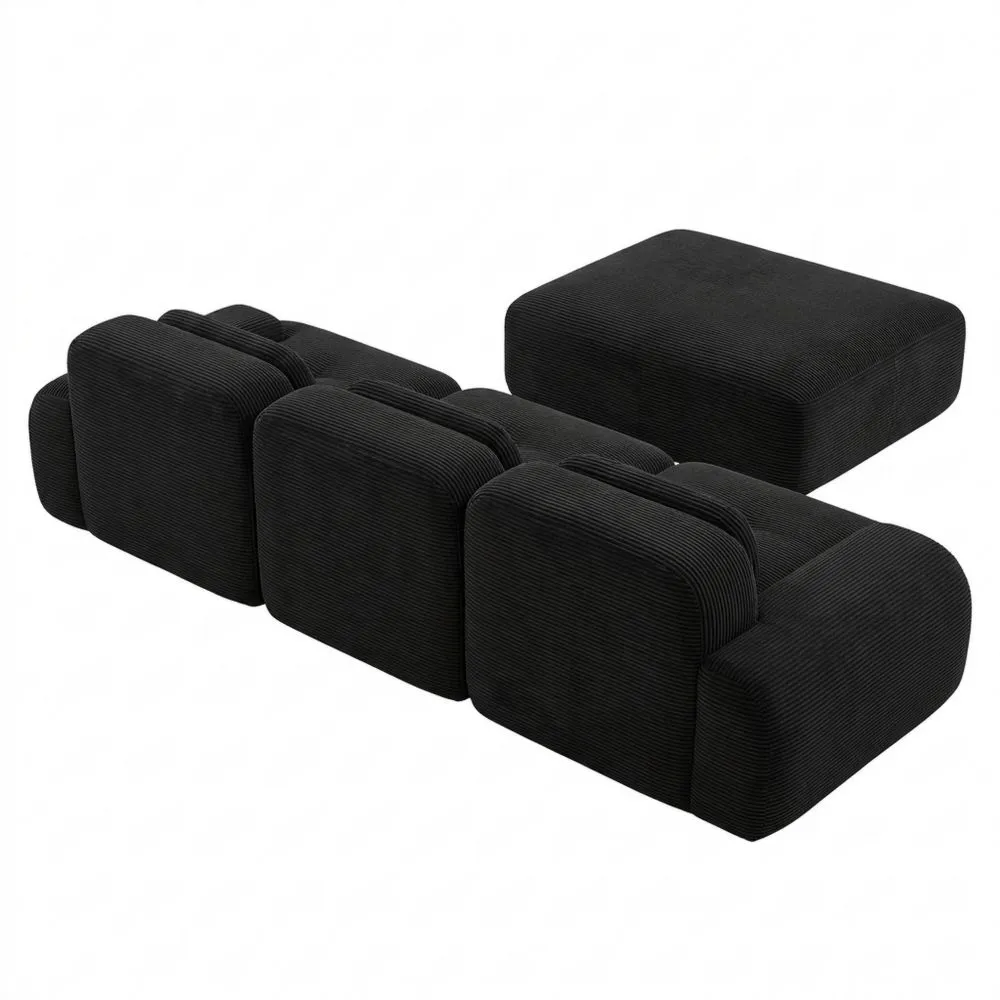 Sofá Modular Moderno en Tela Cotelé, Asiento Profundo y Reposabrazos Anchos, Sin Montaje, 3 Plazas con Pouf, Negro