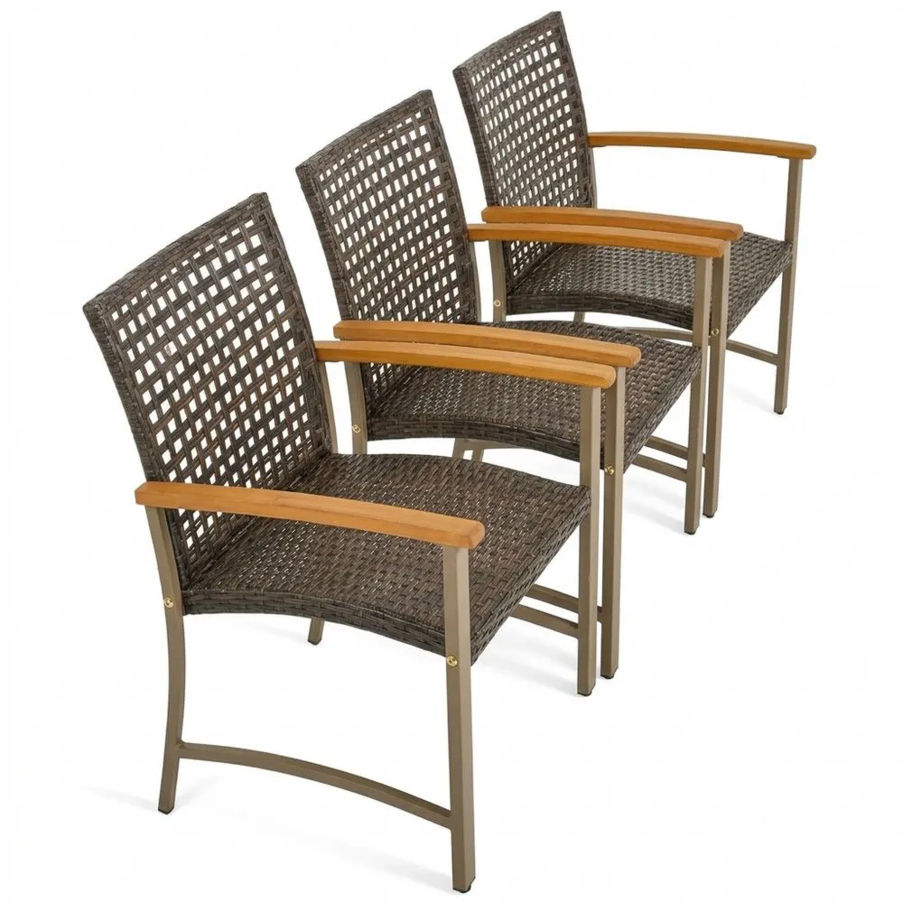 Sillas de Jardín de Ratán para Exterior con Reposabrazos de Madera y Asiento Ergonómico