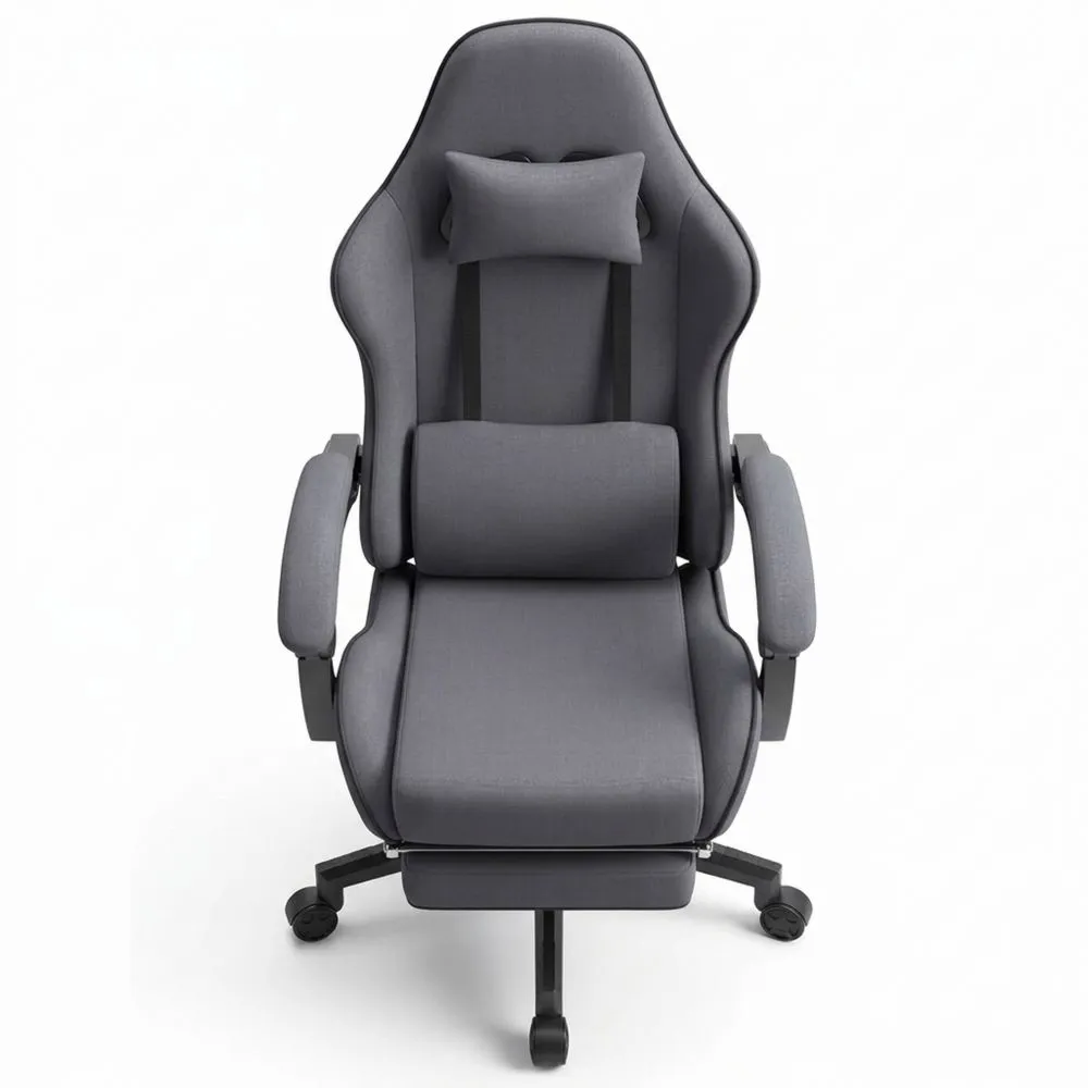 Silla ergonómica de tela con cojín de muelles y reposacabezas, soporte lumbar y reposapiés, capacidad 150 kg, ideal para gaming y oficina, gris