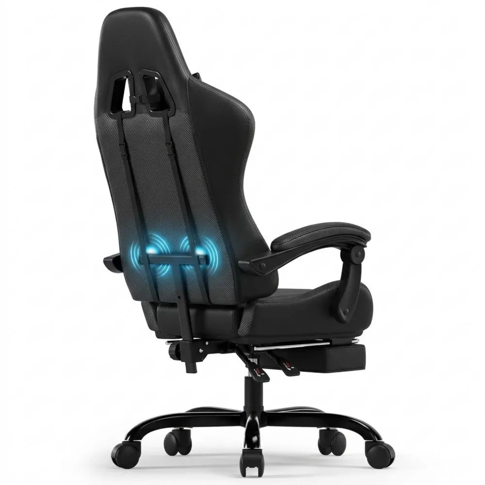 Silla ergonómica de juego con masajeador y reposapiés, respaldo ajustable 90-135°
