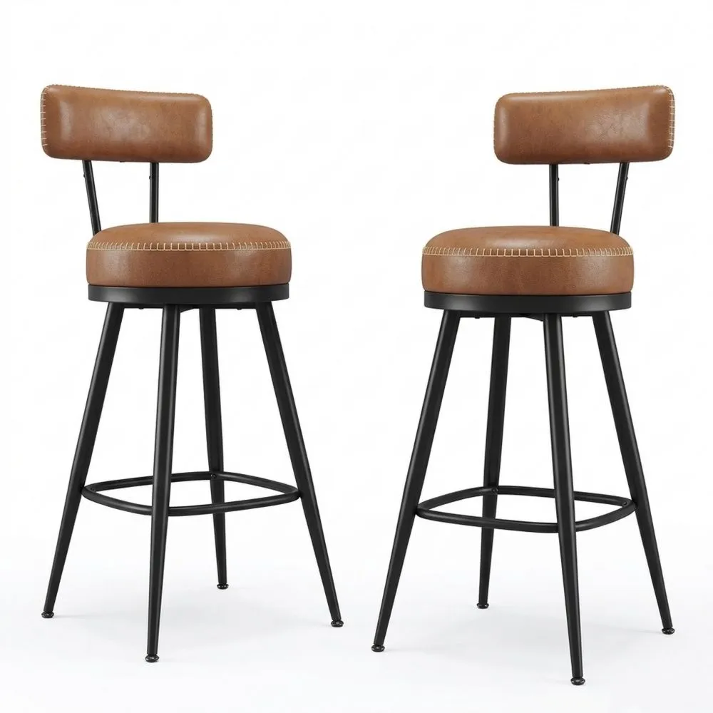 Juego de 2 taburetes de bar giratorios con respaldo de cuero sintético, altura 65 cm, marrón caramelo