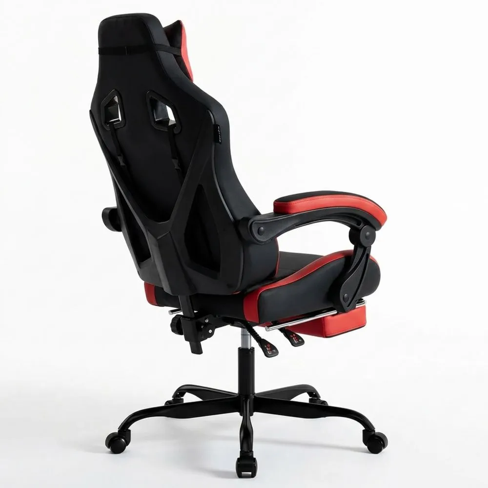 Silla ergonómica para videojuegos con reposapiés y soporte lumbar ajustable en rojo