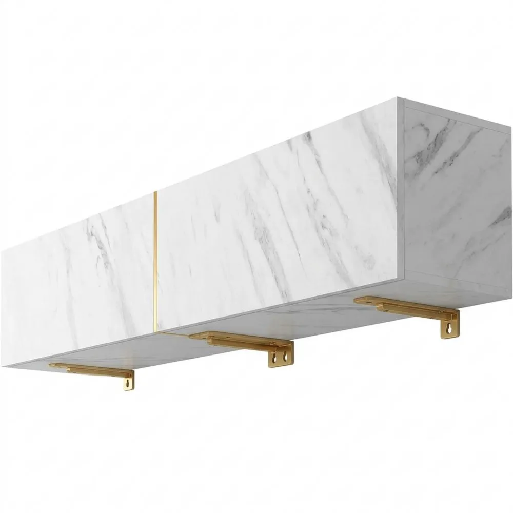 Mueble para TV de 200 cm Suspenso con Acabado de Mármol Blanco e Inserto Dorado