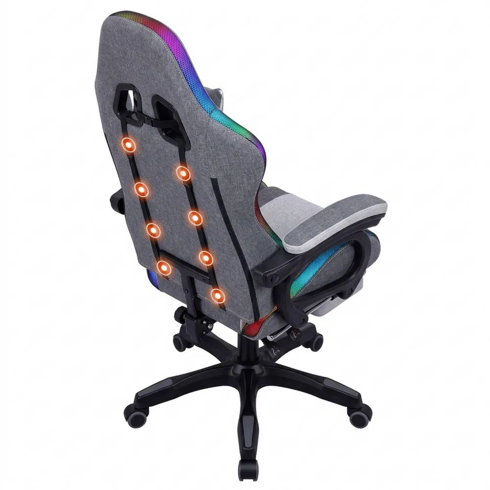 Silla para Gaming con LED y Masaje, Reclinable con Reposapiés