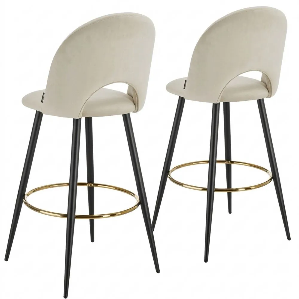 Taburete de Cocina Alto con Respaldo, Tapizado en Terciopelo Suave, Silla de Barra con Patas de Acero y Reposapiés, Crema/Negro