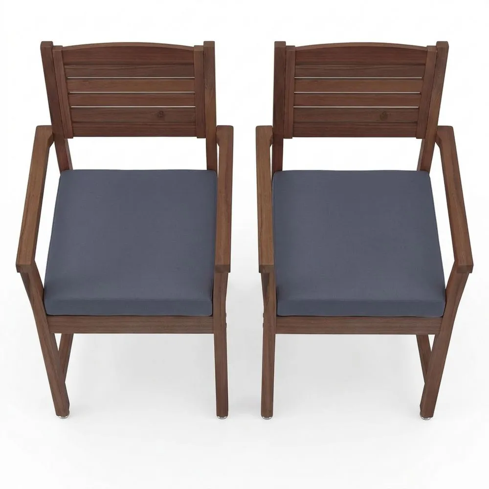 Silla de comedor al aire libre con cojín, respaldo de madera de acacia, acabado en nogal, 2 piezas, capacidad de carga 102 kg