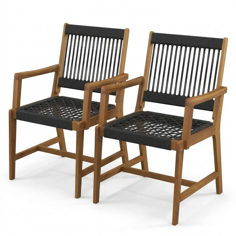 Conjunto de 2 sillas de jardín de madera de acacia con cuerda tejida