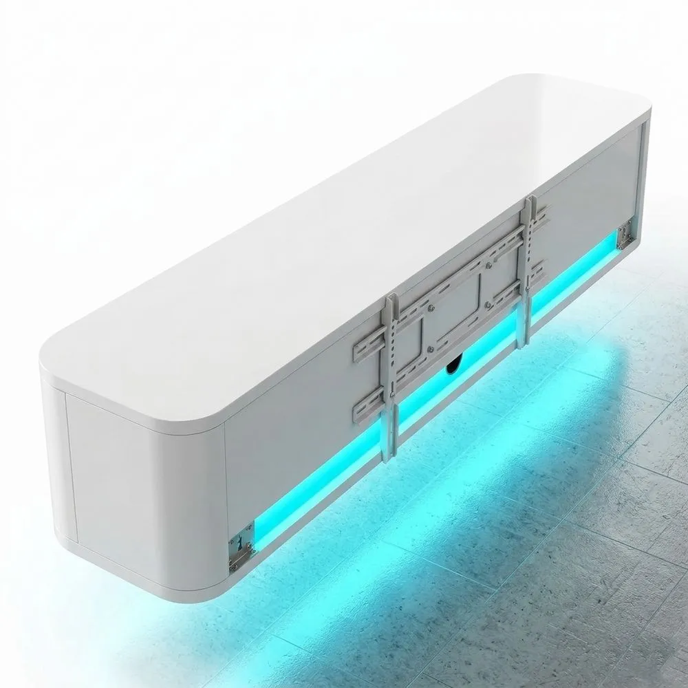 Mueble TV Flotante 140 cm con Iluminación LED RGB, Blanco Brillante, Almacenamiento Amplio para Salón y Dormitorio