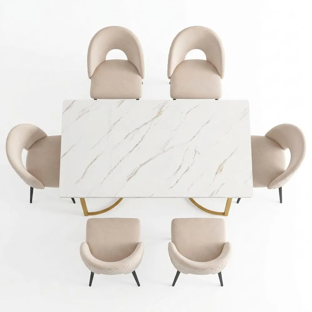 Mesa de comedor rectangular 140 x 80 cm, diseño de mármol, para 4-6 personas, marco de metal, patas ajustables, para restaurante, salón, cocina, blanco/dorado