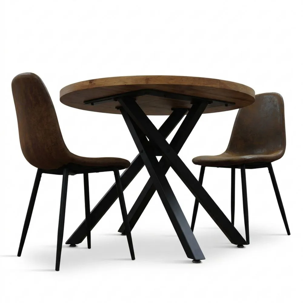 Mesa Redonda de Madera Roble Rústico con Patas Cruzadas Negras, Extensible