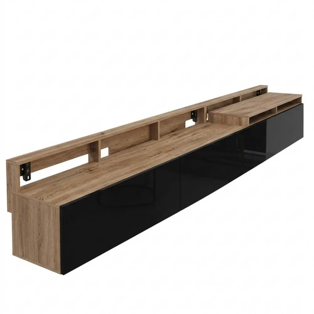 Mueble de TV Flotante 300 cm con 3 Puertas en Madera y Negro