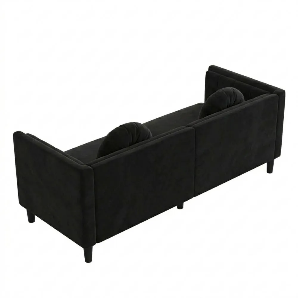 Sofá de Terciopelo Negro con Cojines para 3 Personas